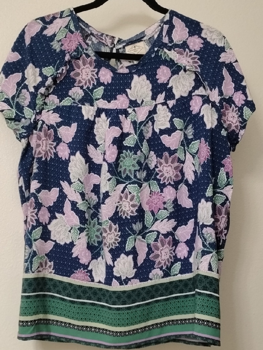 St. John's Bay Navy Floral Rayon Blouse with Lavender Accents
